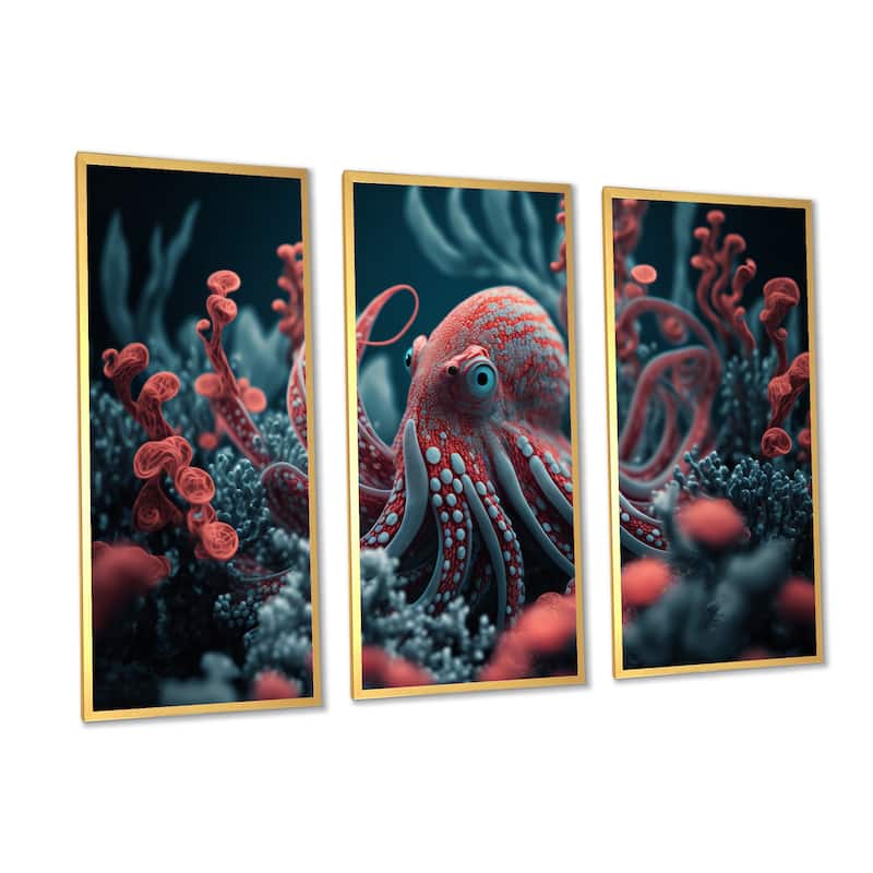 Designart "Red Octopus On The Ocean Floor I" Animal Octopus Framed